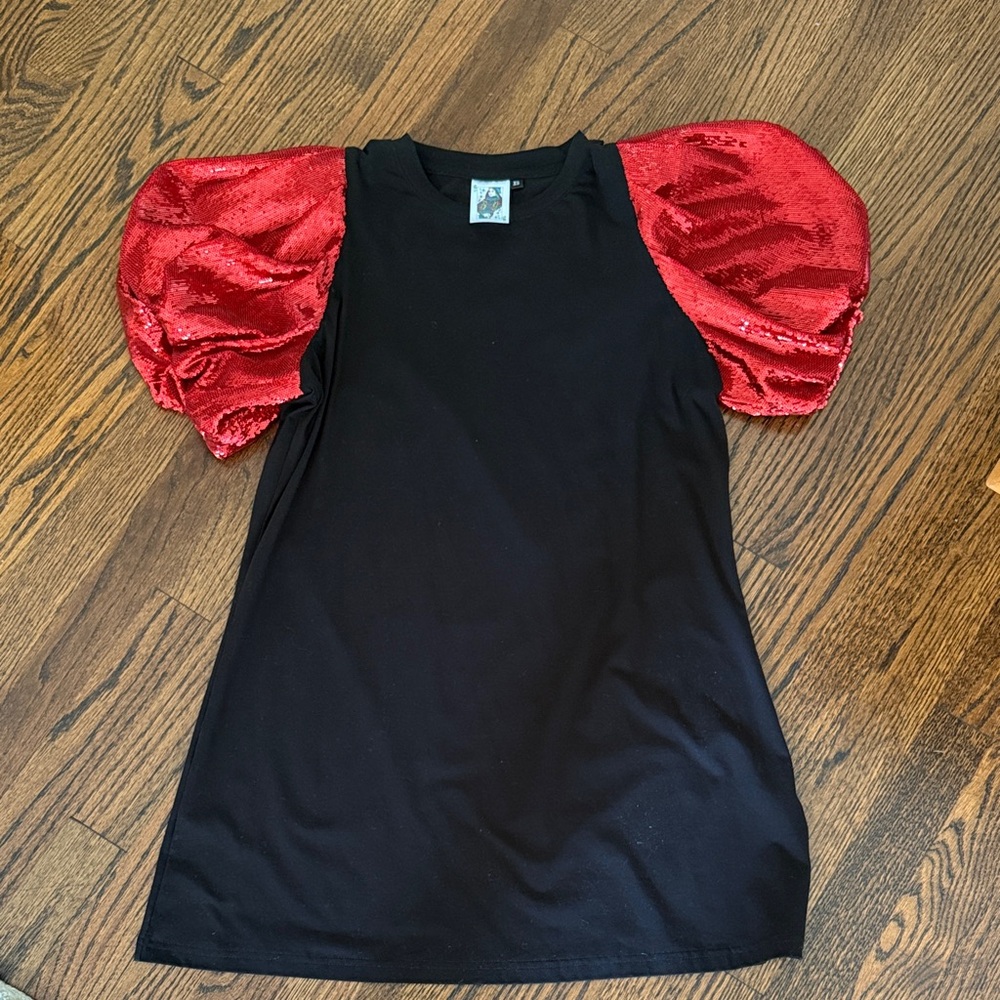 QUEEN OF SPARKLES Black Dress with Red Sequin Sleeves